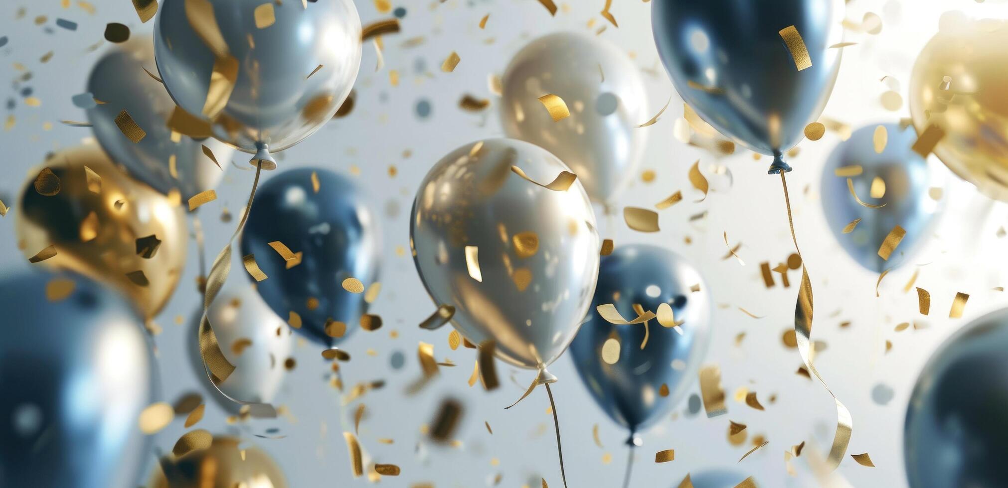 ai generiert Blau Konfetti und Gold Luftballons schwebend im das Luft foto