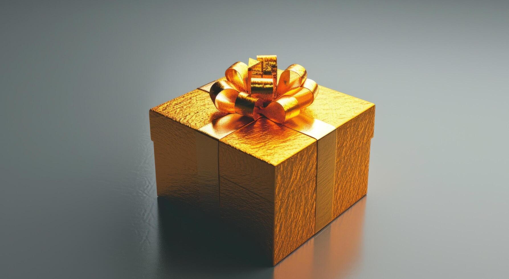 ai generiert ein ungeöffnet golden Geschenk Box ist gezeigt auf ein grau Hintergrund foto