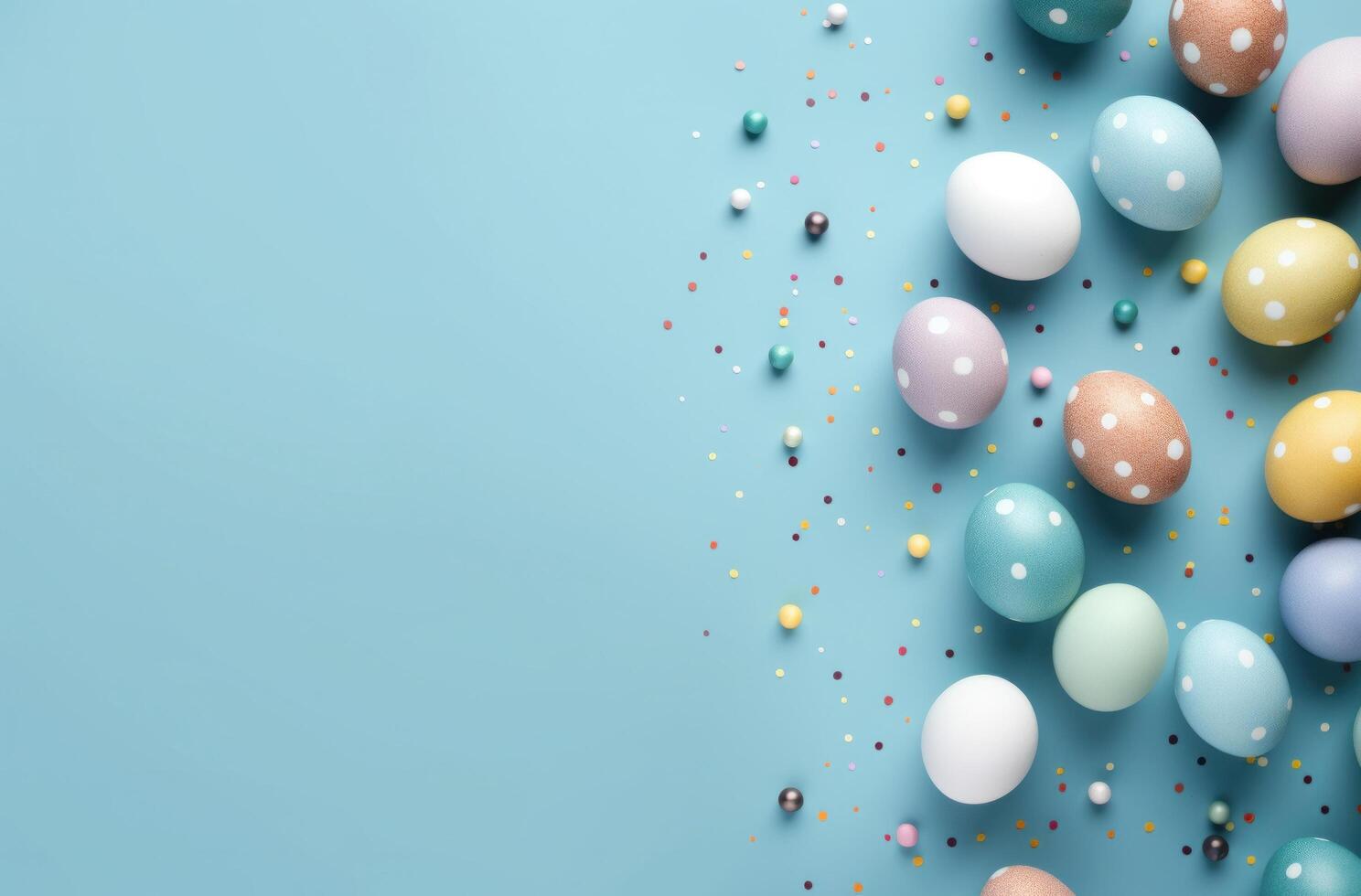 ai generiert dekoriert Ostern Eier auf Licht und Blau Hintergrund foto