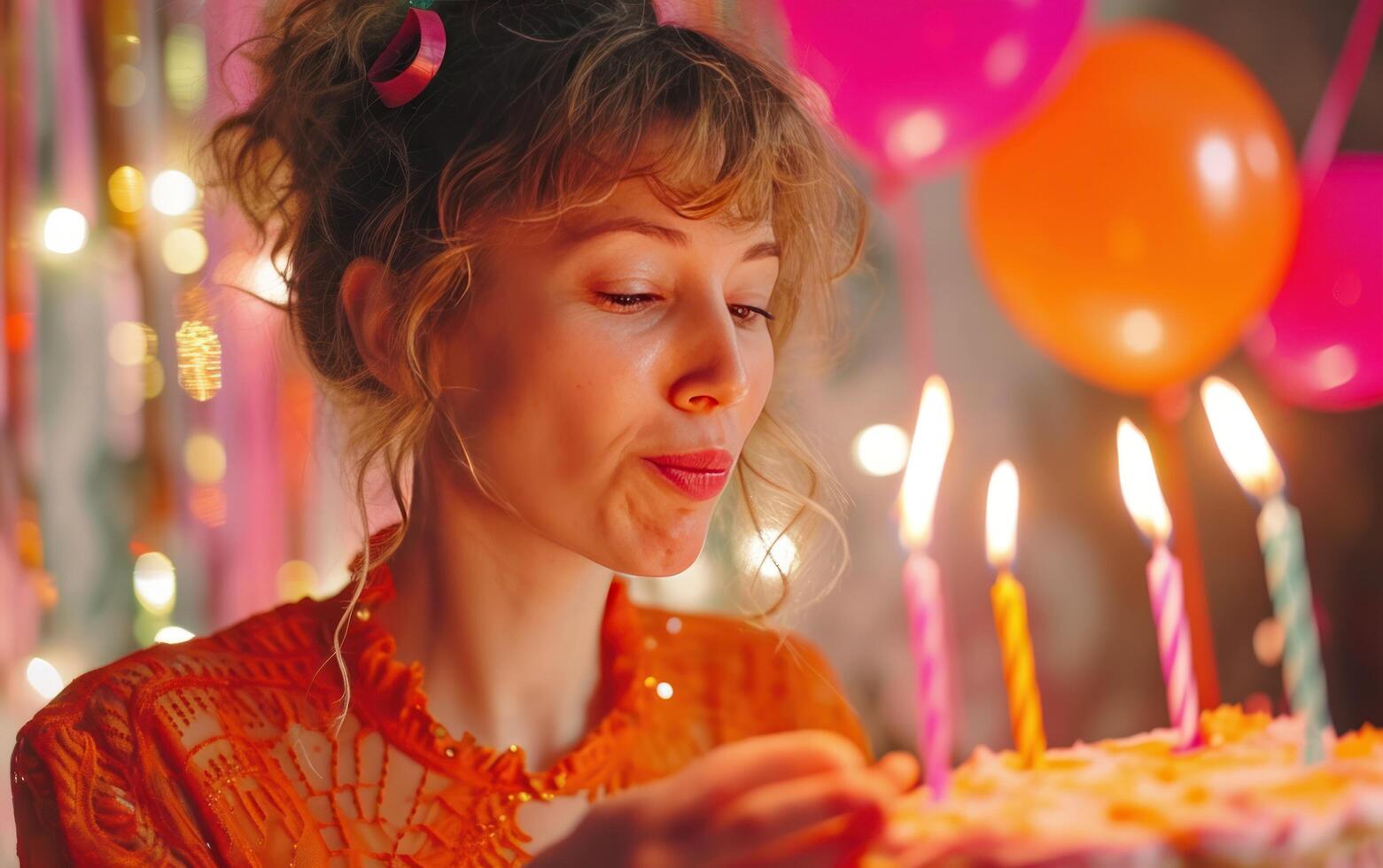 ai generiert attraktiv Frau im Orange auf Geburtstag Kuchen foto