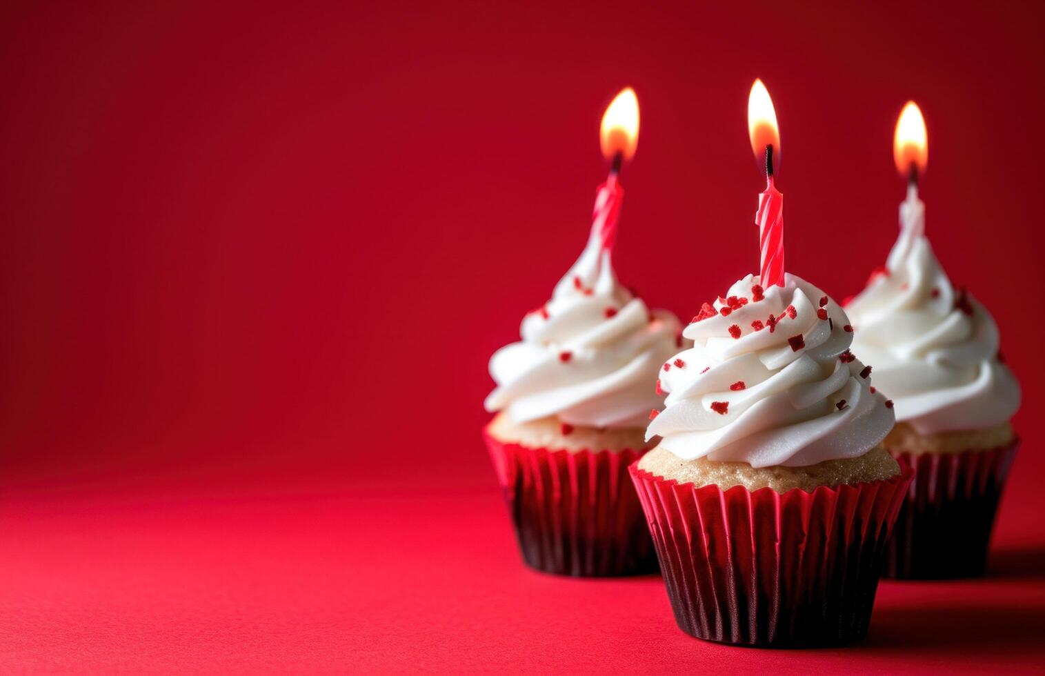 ai generiert Cupcake mit Kerzen auf ein rot Hintergrund foto