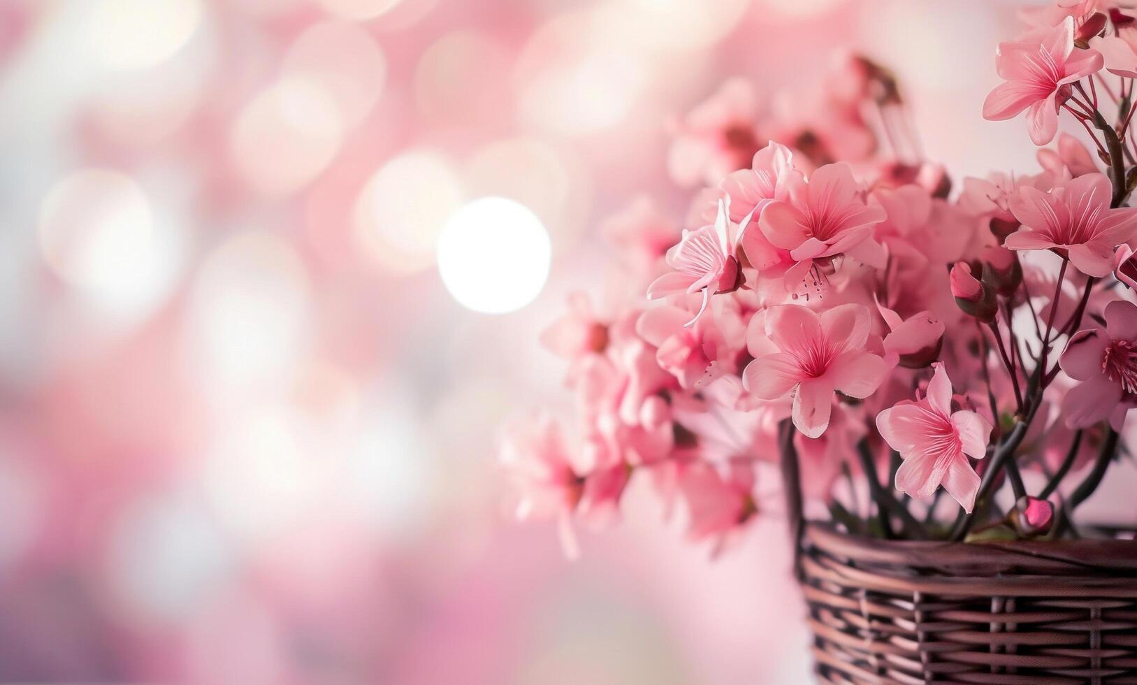 ai generiert Rosa Blumen im ein Korb auf ein Rosa Hintergrund, foto