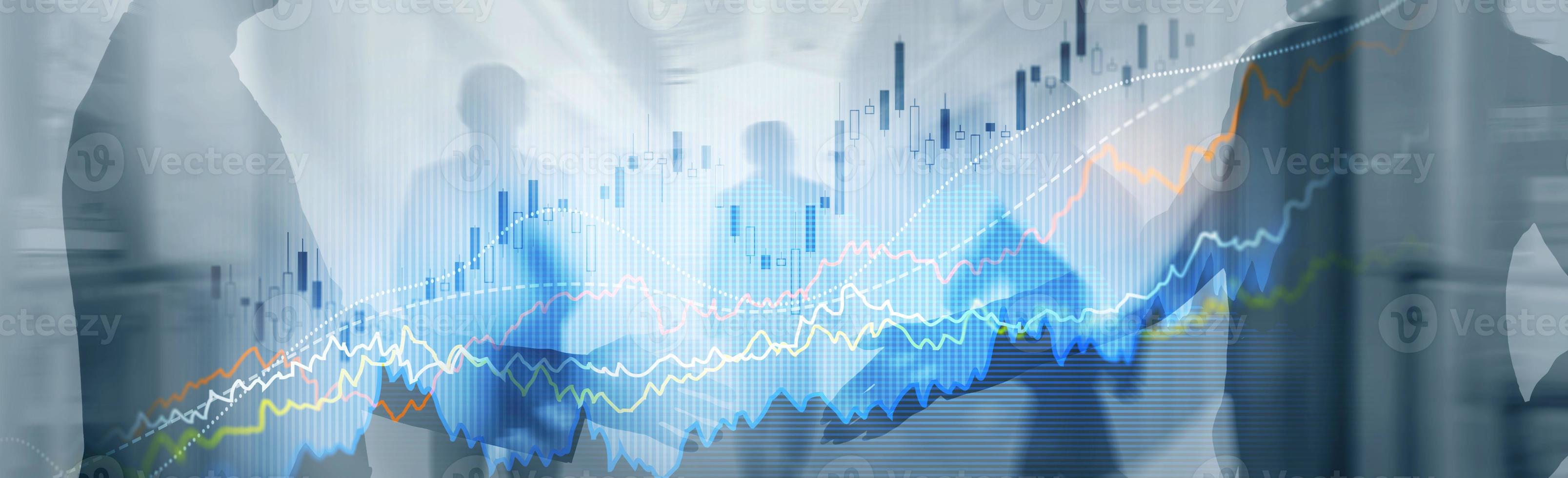 Business Finance Growth Graph Chart, der das Diagramm für den Handel und das Devisenbörsenkonzept analysiert Doppelbelichtung foto