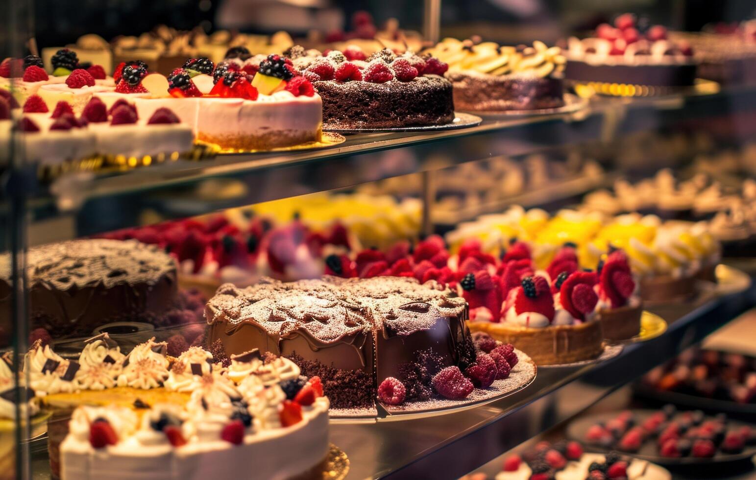 ai generiert Dort sind viele Kuchen auf Anzeige im ein undurchsichtig Vitrine foto