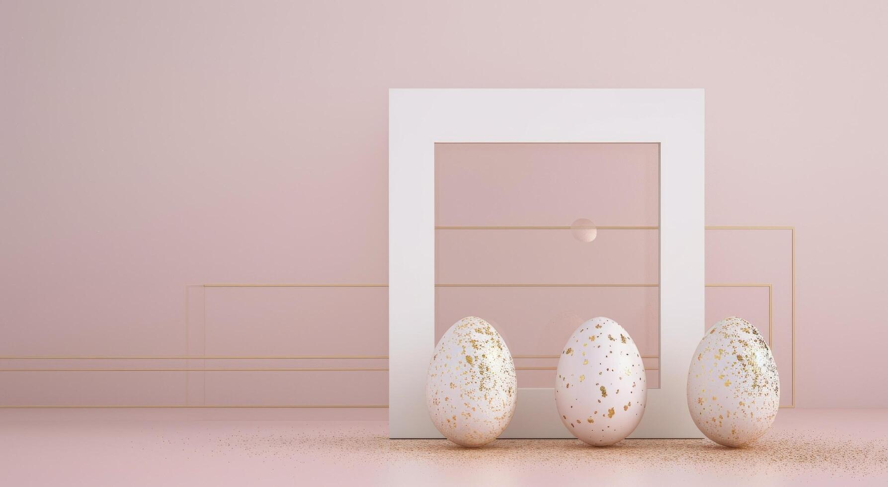 ai generiert drei Ostern Eier und ein Weiß Rahmen auf ein Rosa Hintergrund, foto