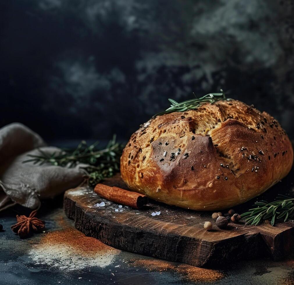 ai generiert ein gebacken Laib auf ein hölzern Tafel mit etwas Gewürze foto