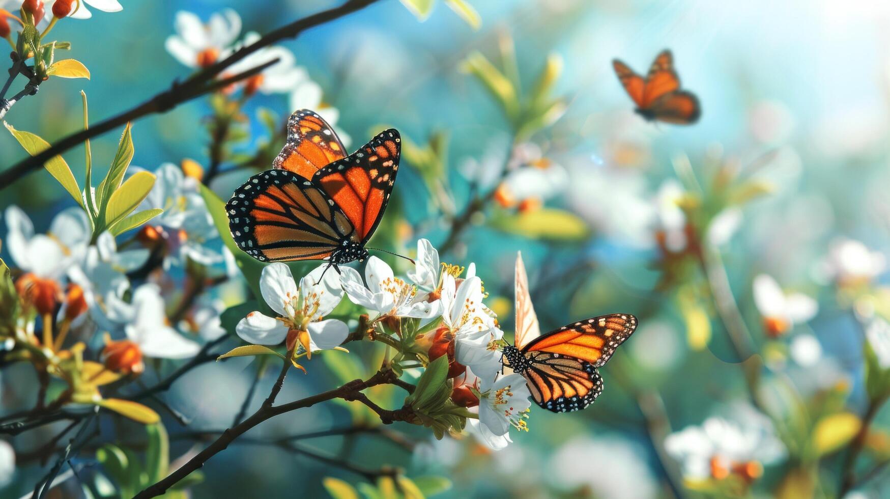 ai generiert ein Frühling Urlaub Hintergrund geschmückt mit Blüten, Schmetterlinge foto