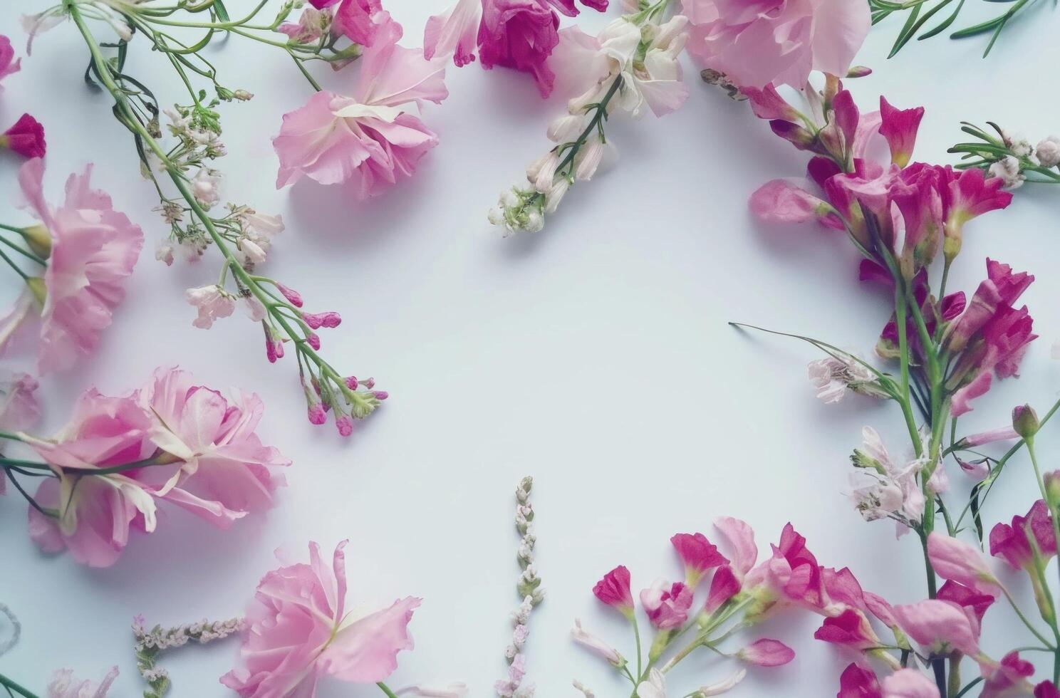 ai generiert Anordnung von Rosa Blumen mit Kranz auf Weiß Hintergrund foto