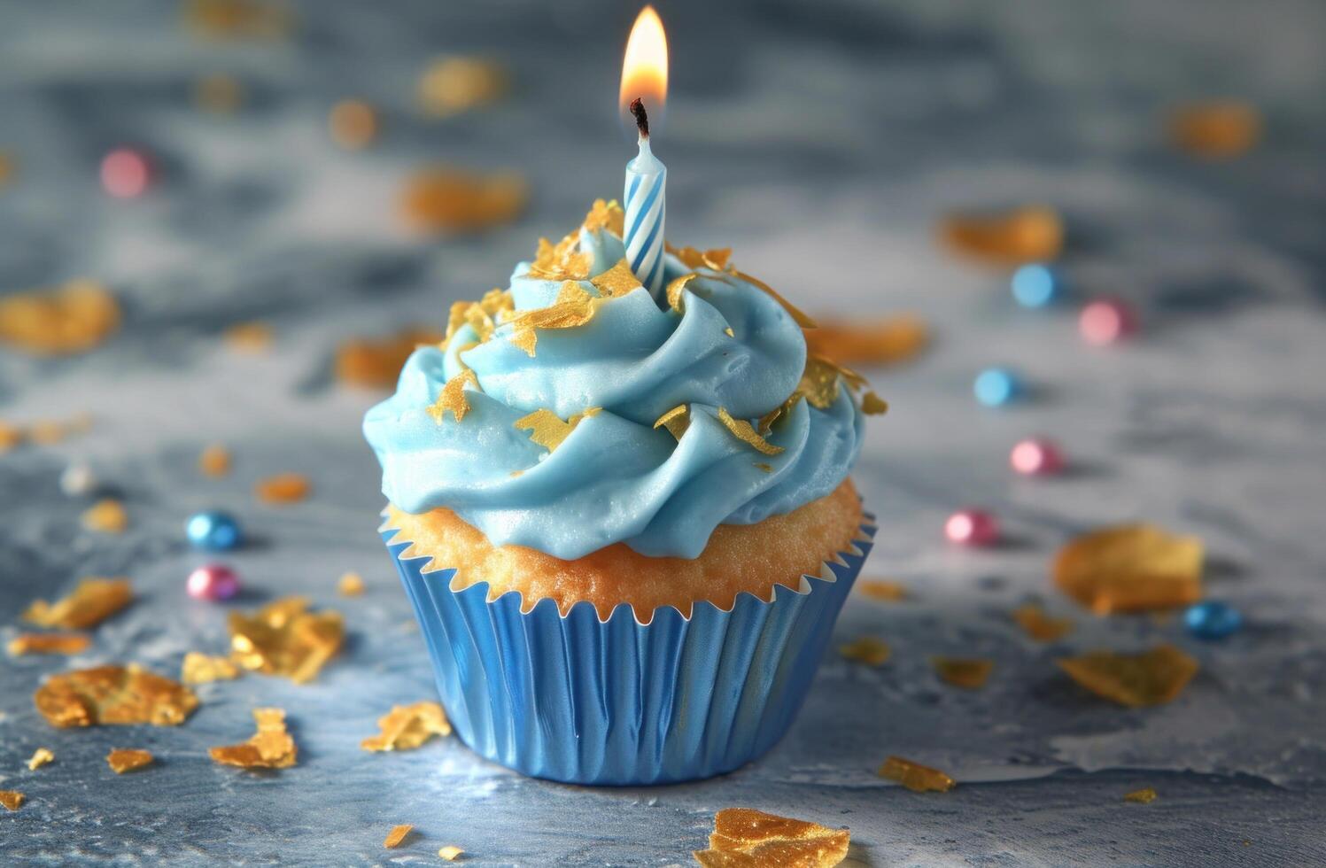 ai generiert ein Blau Geburtstag Cupcake mit ein Kerze im es foto