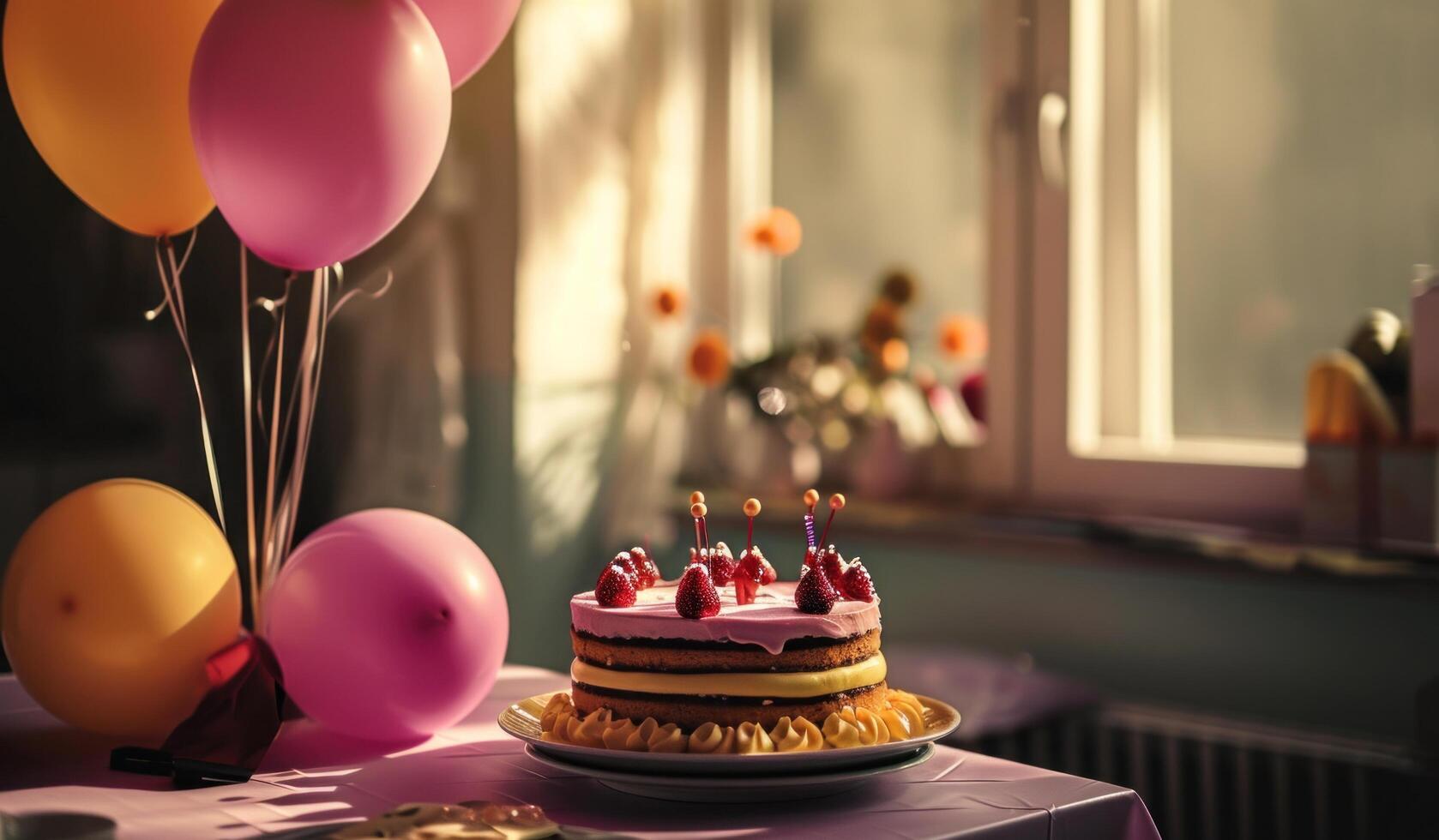 ai generiert ein bunt Kuchen steht auf ein Tabelle mit Luftballons foto