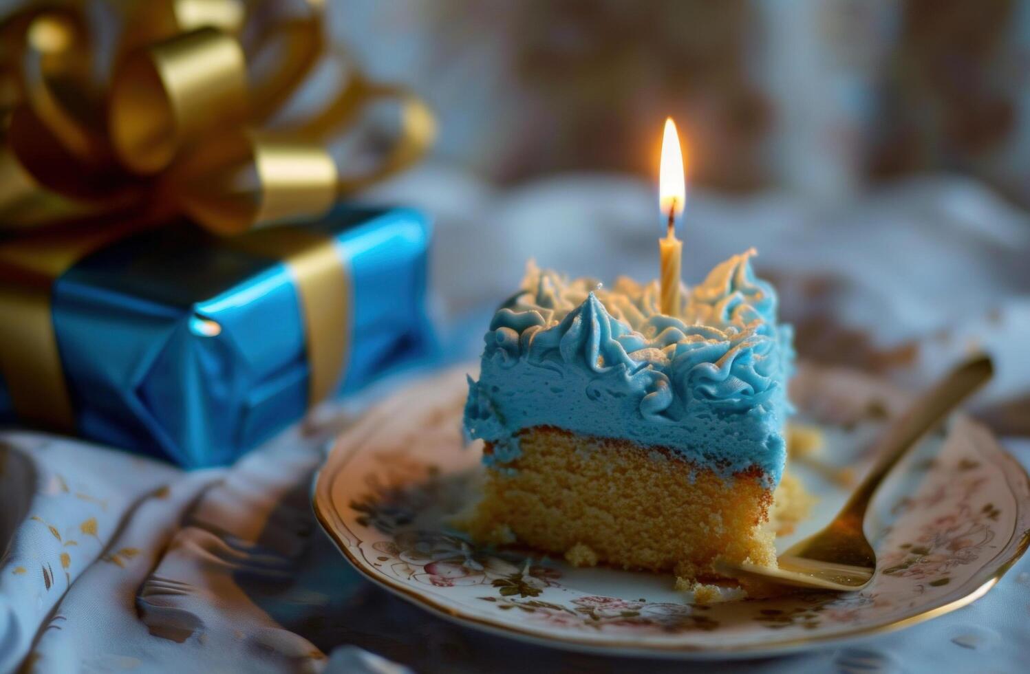 ai generiert ein Kuchen Kerze mit Blau Glasur und ein Geburtstag Geschenk foto