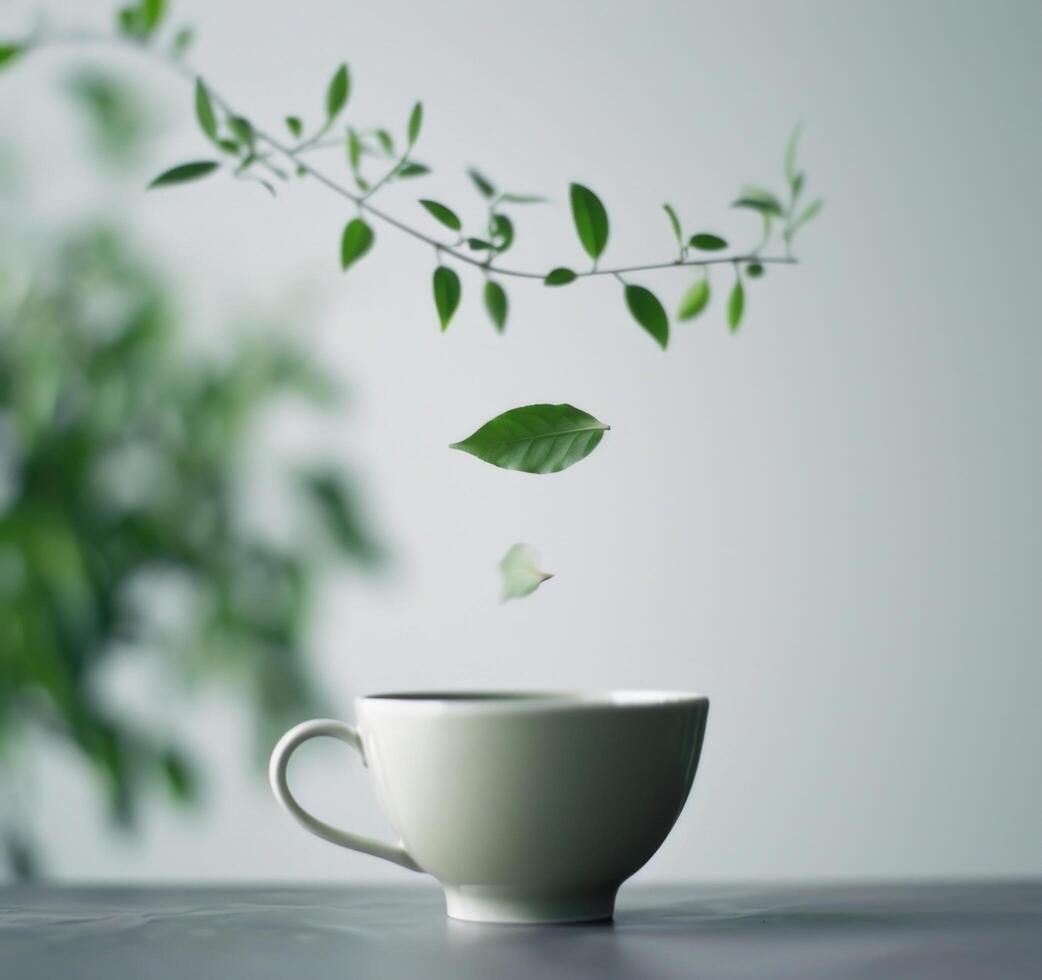 ai generiert Tee Blatt Stürze von ein Tasse im Nahansicht Grün foto