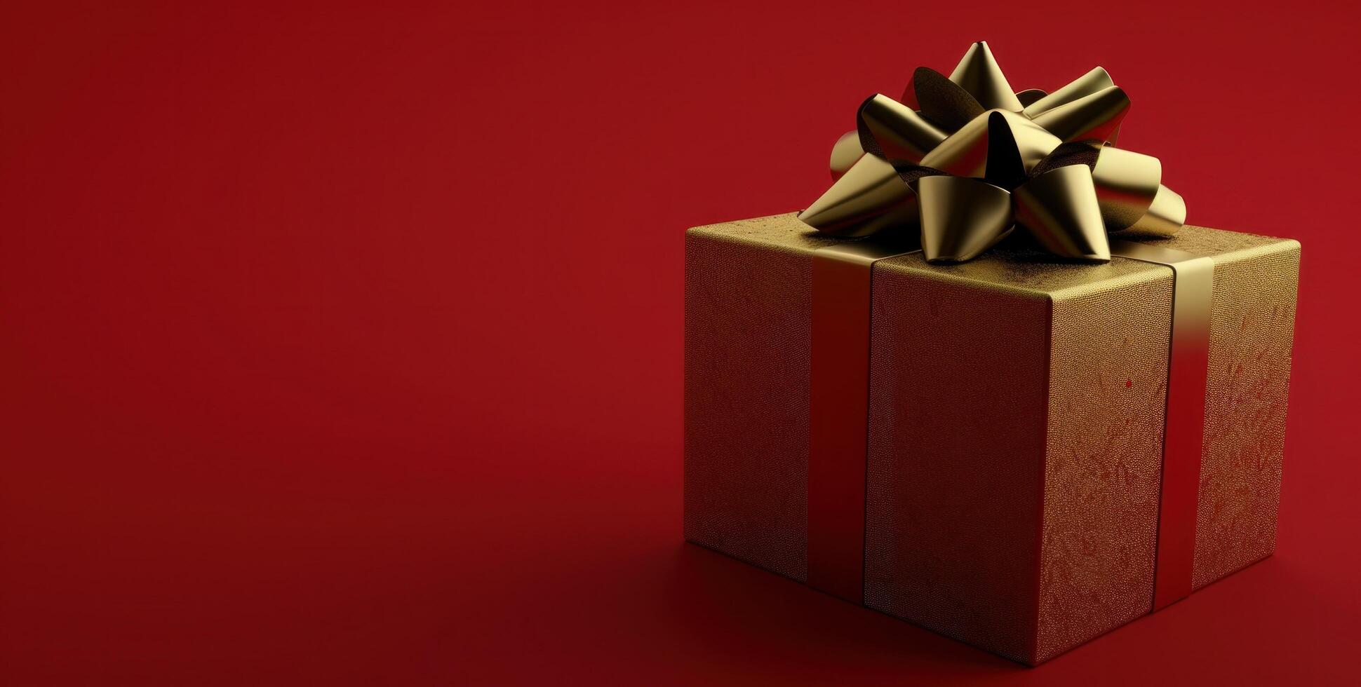 ai generiert ein Gold Geschenk Box mit Band ruhen auf ein rot Hintergrund foto