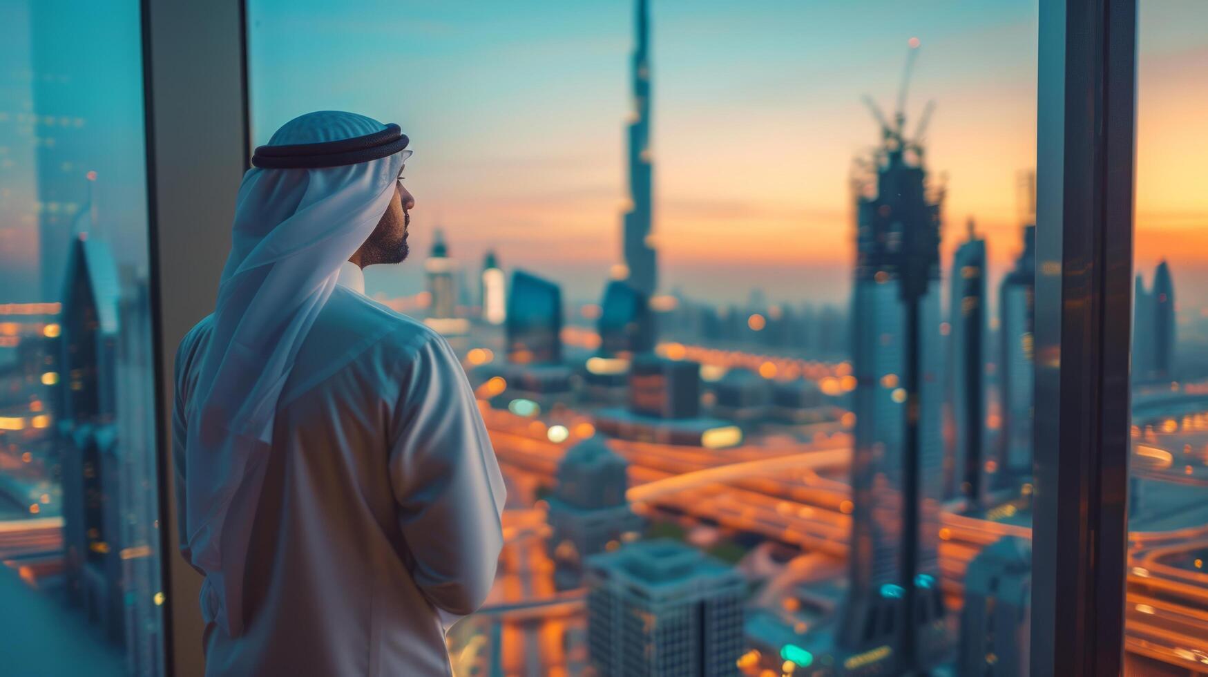 ai generiert gut aussehend arabisch Männer suchen beim Dubai von ein Wolkenkratzer foto