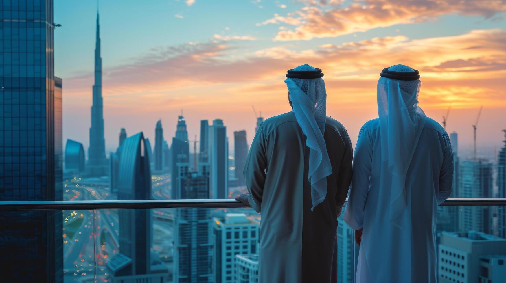 ai generiert gut aussehend arabisch Männer suchen beim Dubai von ein Wolkenkratzer foto