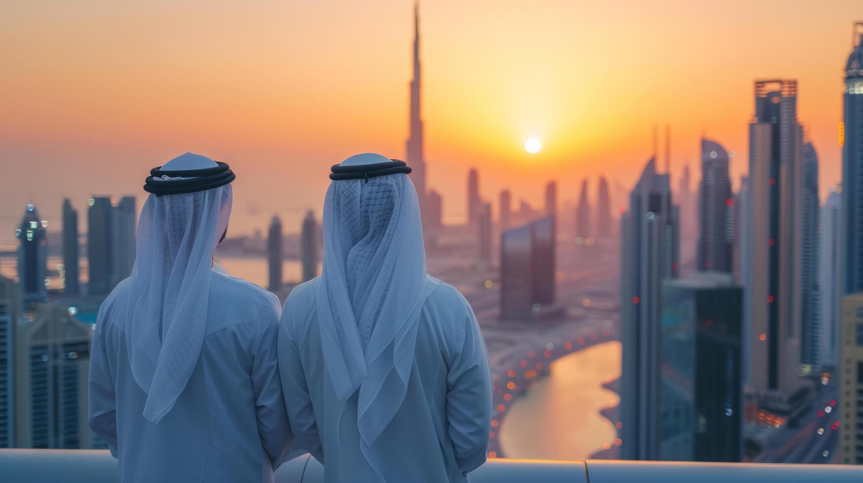 ai generiert gut aussehend arabisch Männer suchen beim Dubai von ein Wolkenkratzer foto