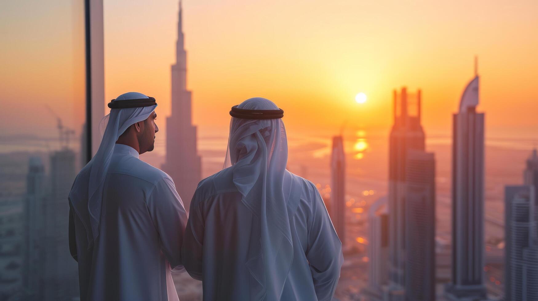 ai generiert gut aussehend arabisch Männer suchen beim Dubai von ein Wolkenkratzer foto