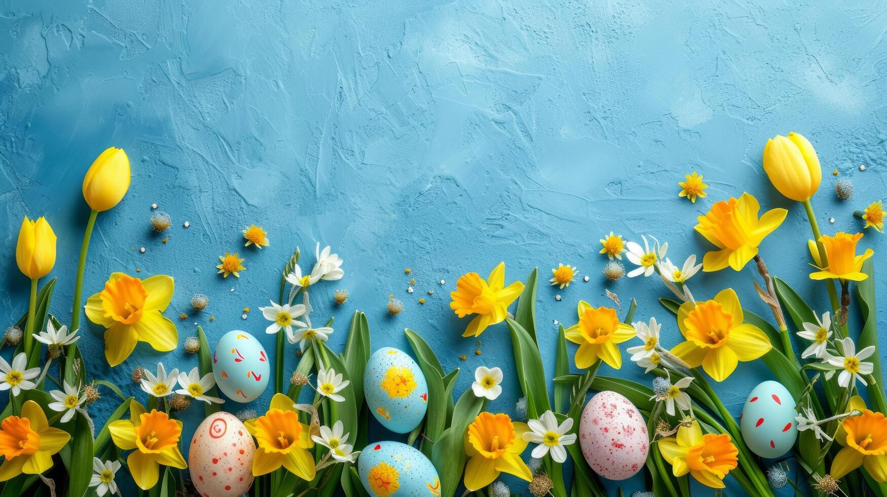 ai generiert schön Ostern Hintergrund zum Werbung mit Narzissen, Tulpen und bunt Ostern Eier. foto