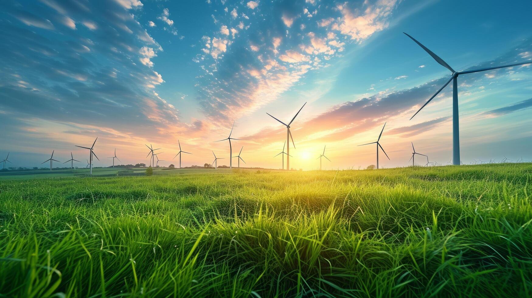 ai generiert schön natürlich Hintergrund mit Windmühlen auf ein Grün Wiese foto