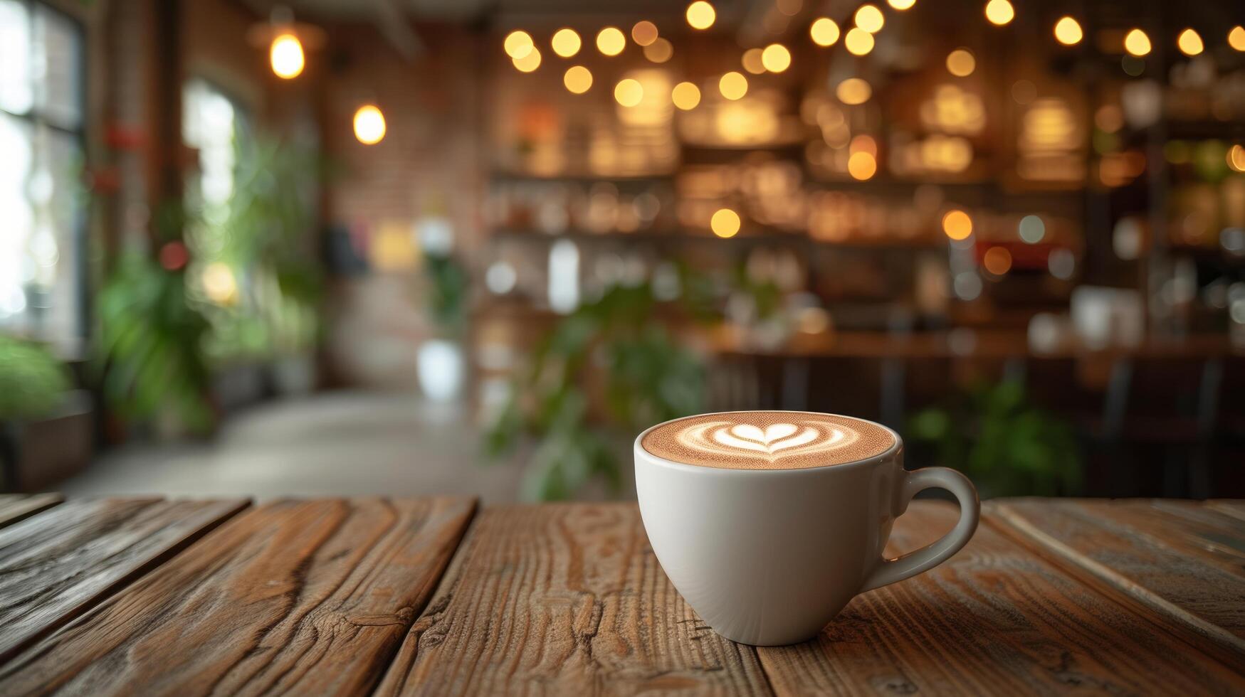 ai generiert ein Tasse von Cappuccino mit ein Herz auf Schaum steht auf ein hölzern Tabelle gegen das Hintergrund von ein verschwommen Kaffee Geschäft foto