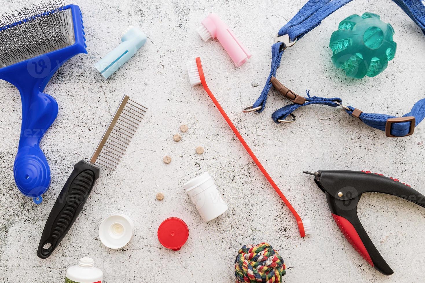 Hundepflegewerkzeuge Bürsten, Pillen, Nagelknipser, Leine, Medizin, Toilettenauflage, Snacks und Spielzeug verstreut auf weißem Hintergrund Draufsicht foto