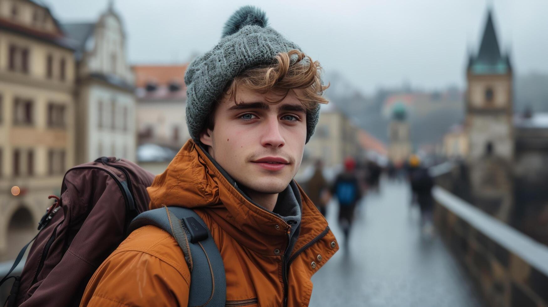 ai generiert jung Mann suchen beim das Kamera während Stehen auf ein Brücke im ein alt europäisch Stadt, Dorf foto