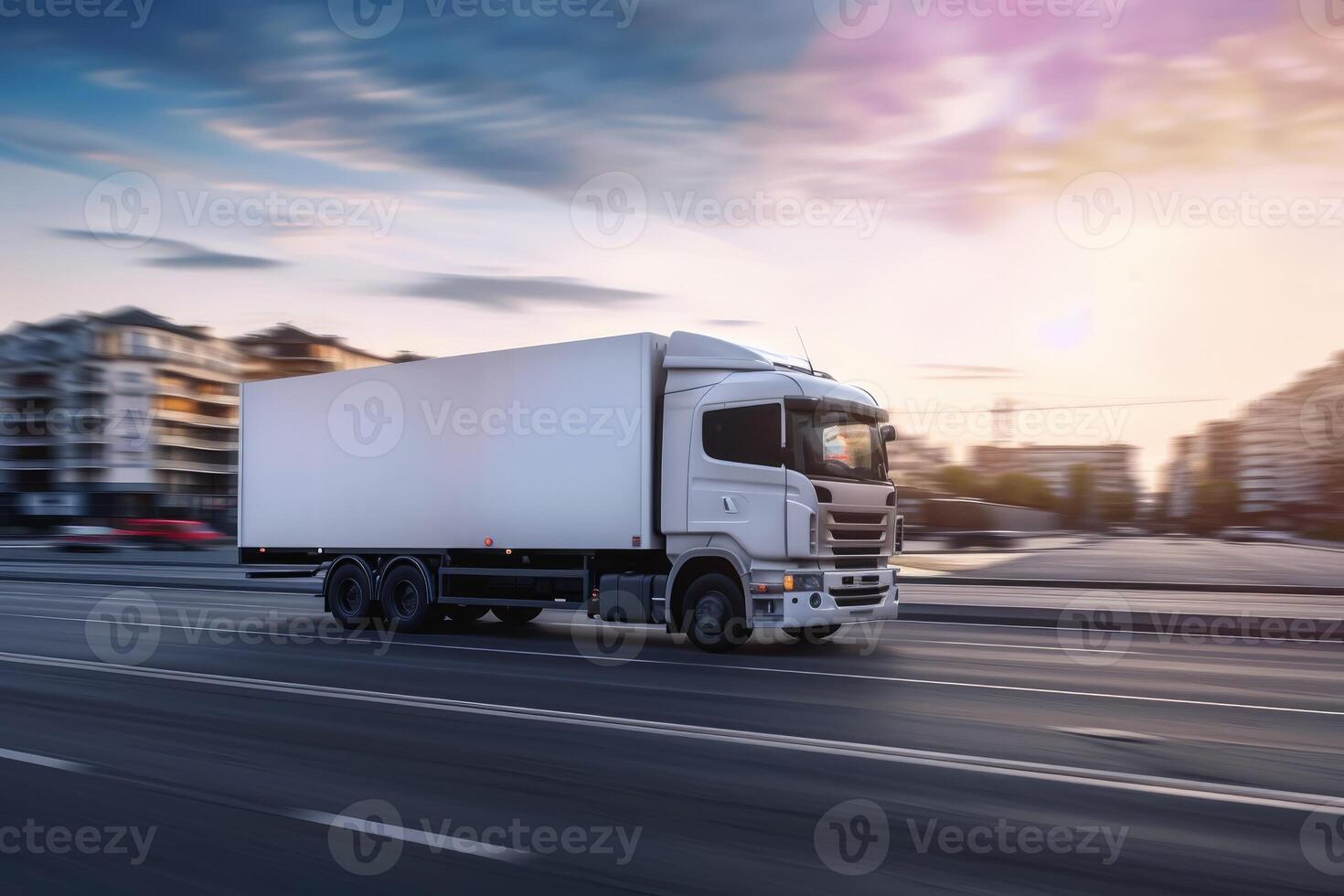 ai generiert LKW mit Container auf Autobahn, Ladung Transport Konzept. schnell Lieferung, verschwommen Bewegung foto