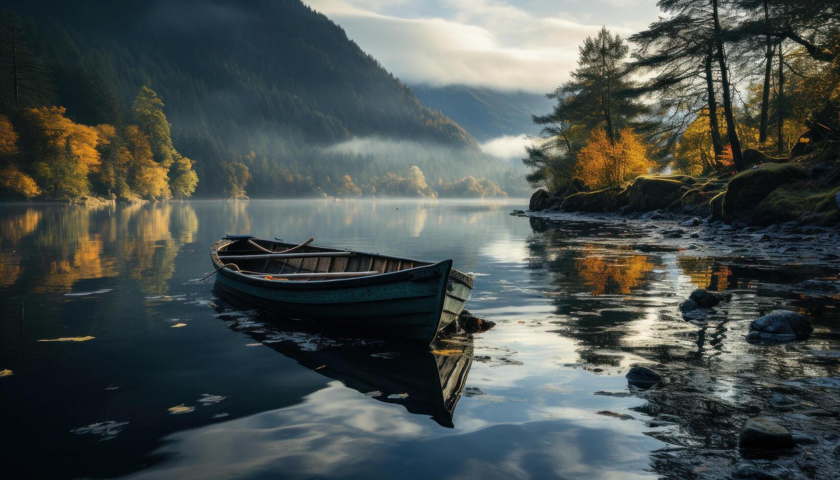 ai generiert Solo Person Angeln im ein klein Boot im ein friedlich See, foto