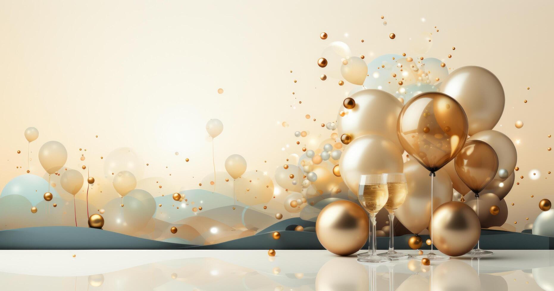 ai generiert Gold Luftballons, Champagner Flasche und Konfetti auf ein Beige Hintergrund, foto