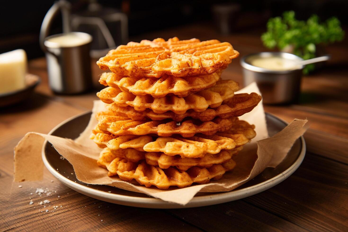 ai generiert Geschmack Chroniken Waffel Fritten basteln ein köstlich Erzählung foto