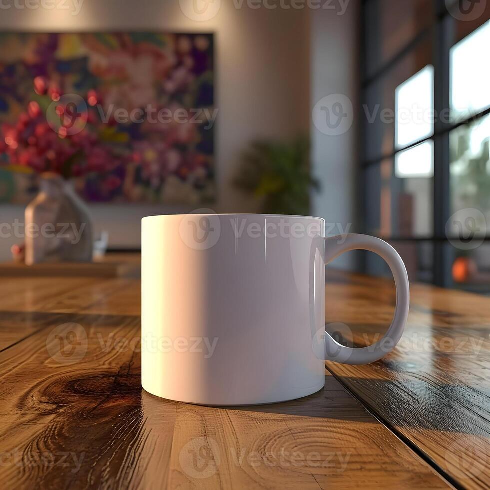 ai generiert Attrappe, Lehrmodell, Simulation leeren leer Kaffee Becher im das gemütlich Innere Hintergrund. hohe Auflösung. ai generativ foto