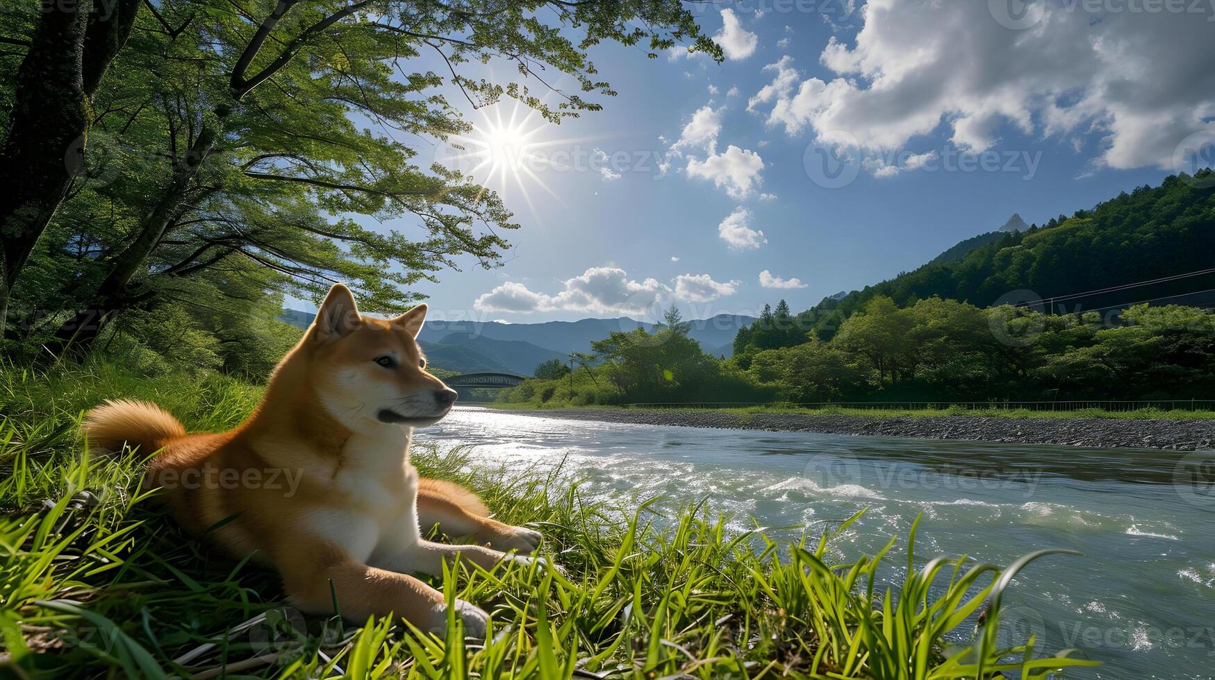 ai generiert ein entspannt glücklich Hund auf das Gras in der Nähe von das Fluss unter das Sonne. Sommer- Zeit. hoch Qualität. ai generativ foto