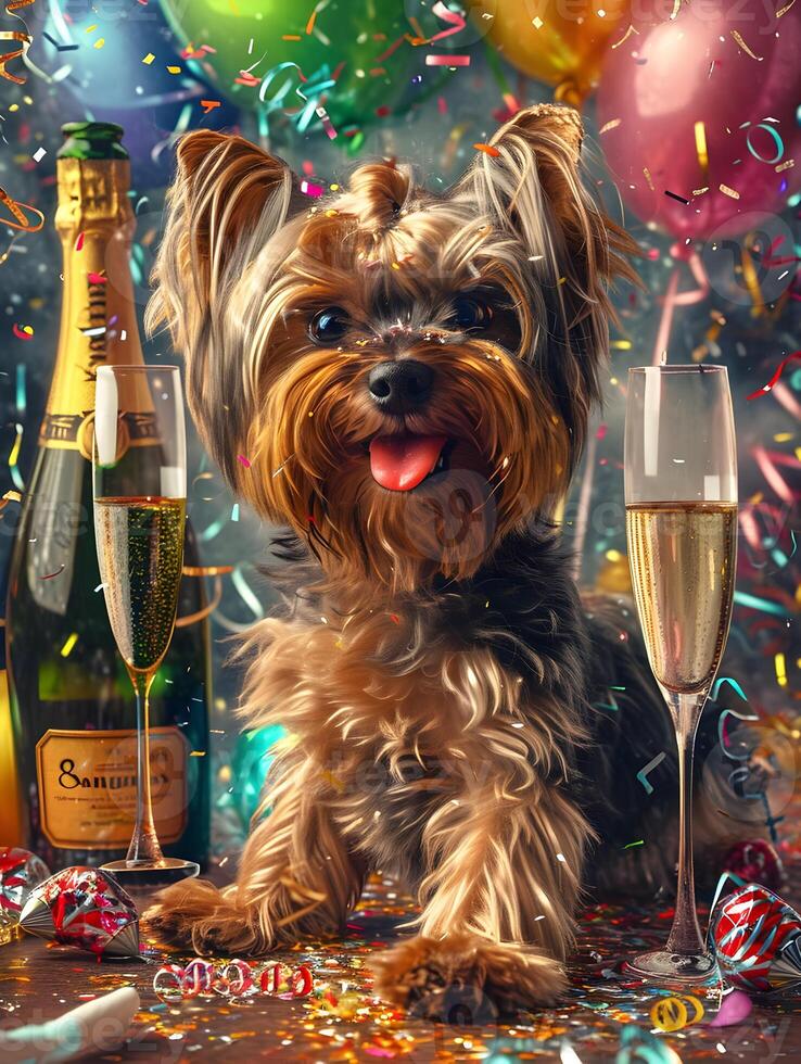ai generiert Hund mit Champagner Flasche und Champagner Brille auf Konfetti Feier Hintergrund. hoch Qualität. ai generativ foto