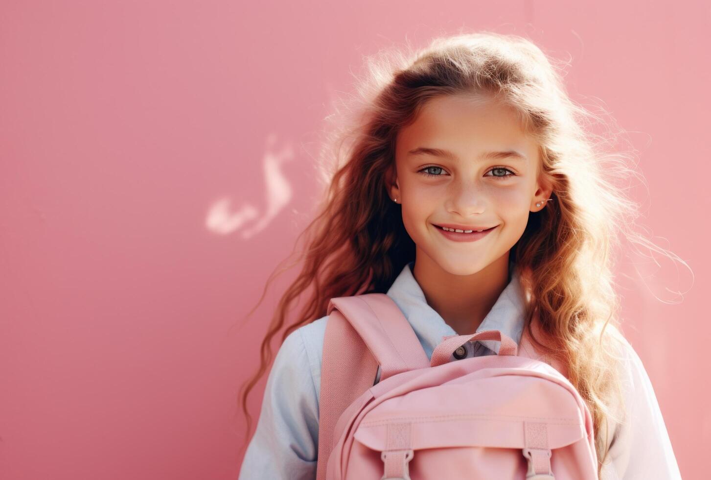 ai generiert jung Mädchen halten ein Rucksack Über Rosa Hintergrund foto