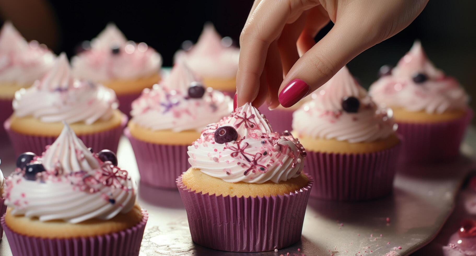 ai generiert Damen Hand dekoriert Cupcakes Über das oben mit Glasur, foto