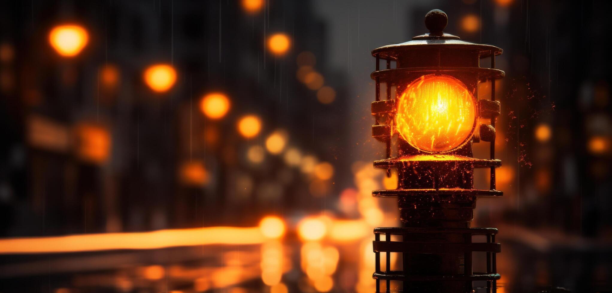 ai generiert das Gelb der Verkehr Licht auf ein Straße beim Nacht, foto