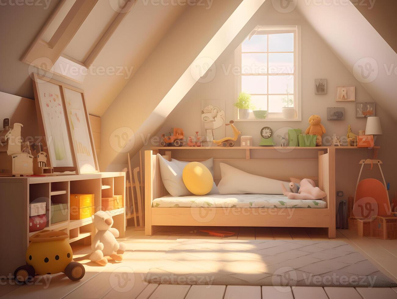 ai generiert süß gemütlich Kind Zimmer Sonnenlicht. warm Farben. hoch Qualität. ai generativ foto