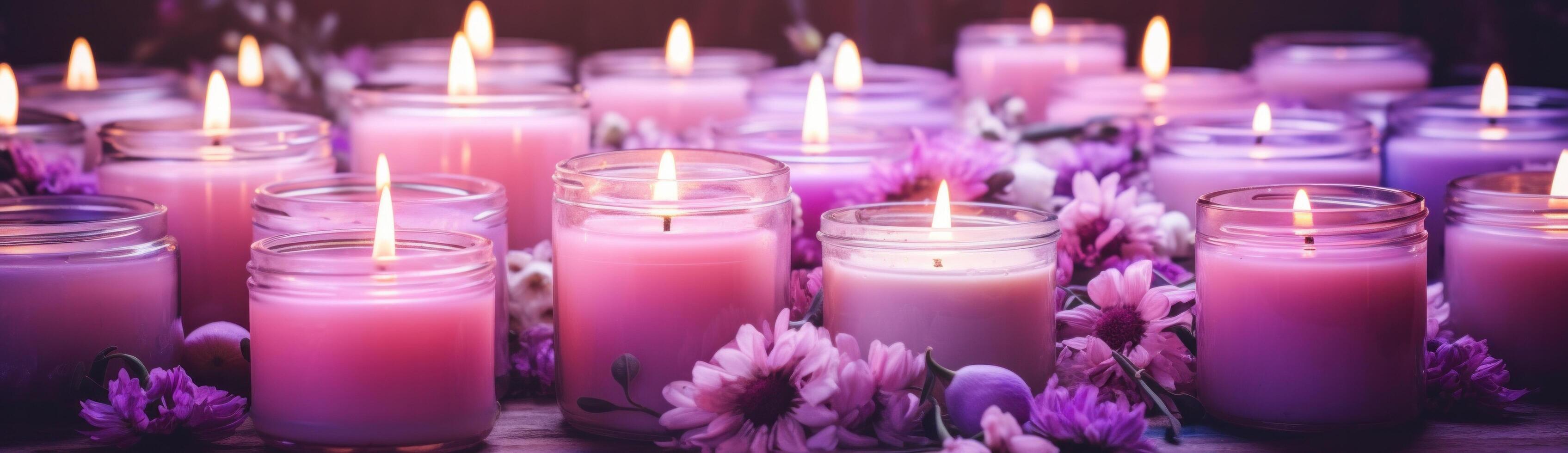 ai generiert Docht Kerzen von Lavendel, Honig und Blumen foto