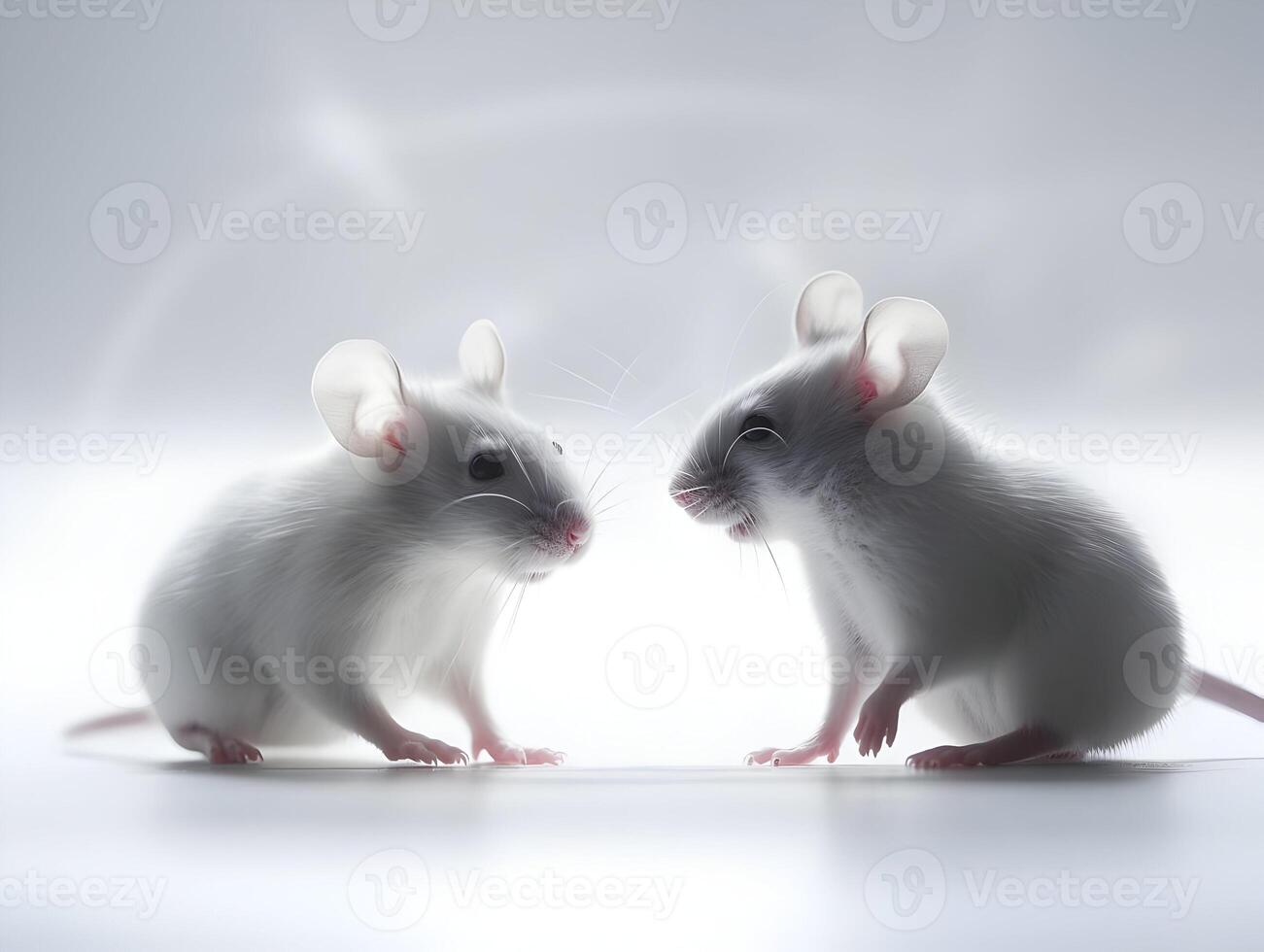 ai generiert zwei Stehen Weiß Mäuse reden zu jeder andere auf ein Weiß Hintergrund. hohe Auflösung. ai generativ foto