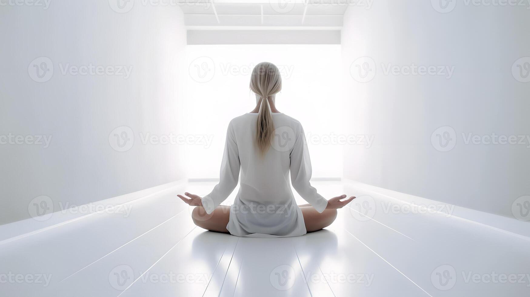 ai generiert kaukasisch blond Frau im Weiß Kleider Sitzung im meditativ Lotus Position im leeren Weiß Zimmer, neural Netzwerk generiert Kunst foto