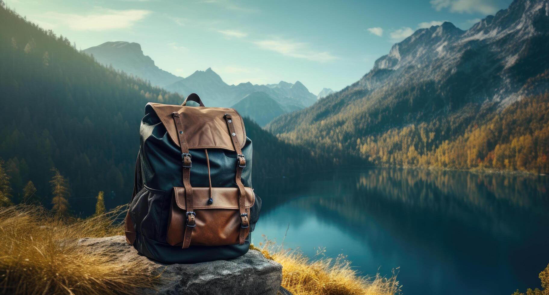 ai generiert ein Rucksack Das ist Sitzung auf ein Berg, foto