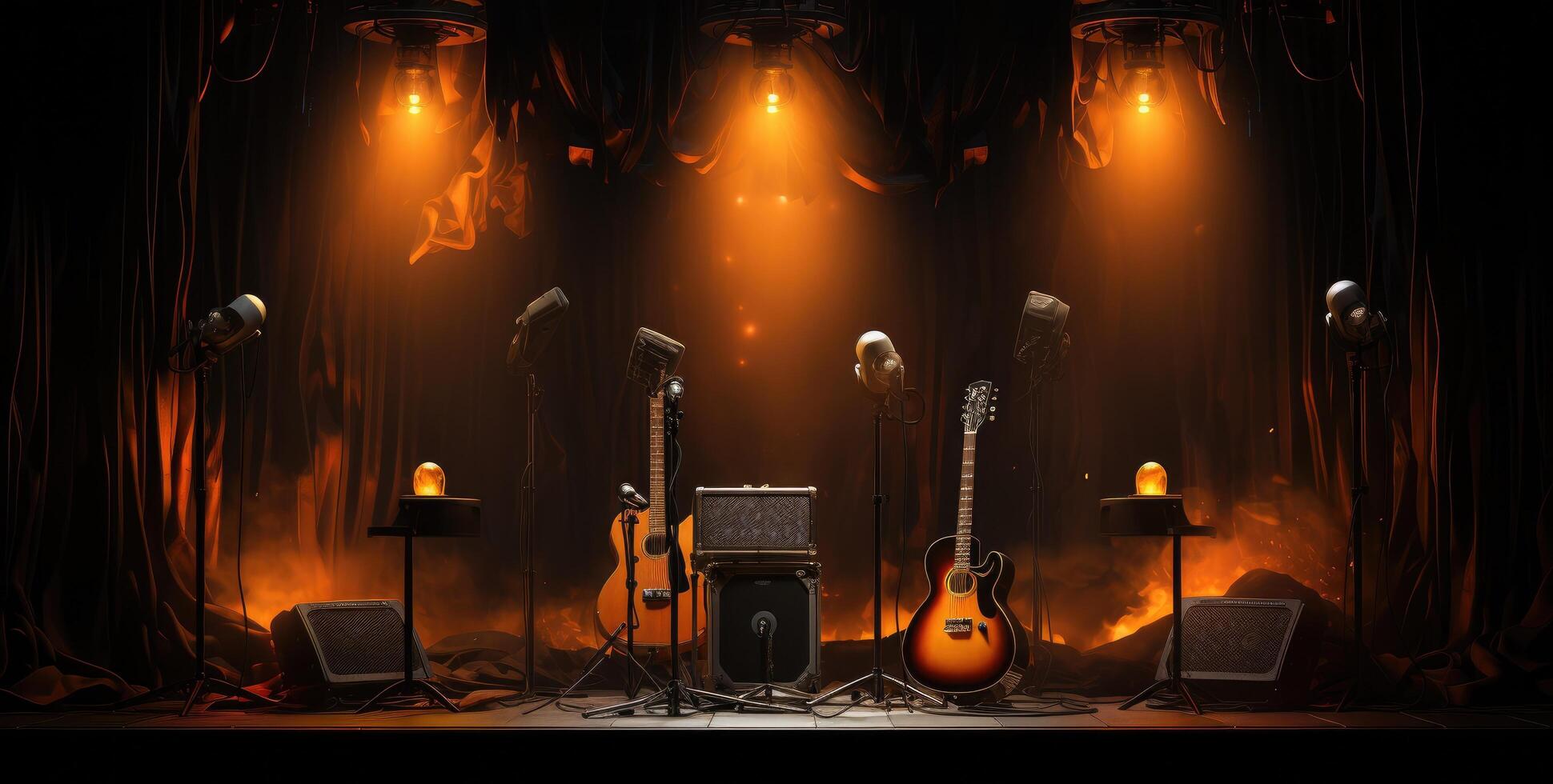 ai generiert ein Mikrofon mit Gitarren und Beleuchtung steht im ein Beleuchtung Stand foto
