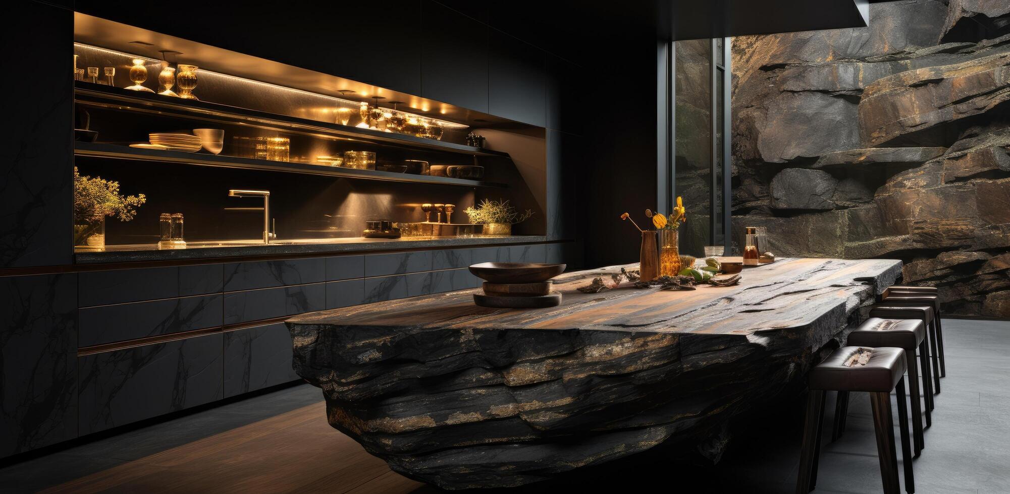 ai generiert ein schön und modern Küche gemacht von schwarz Marmor, foto
