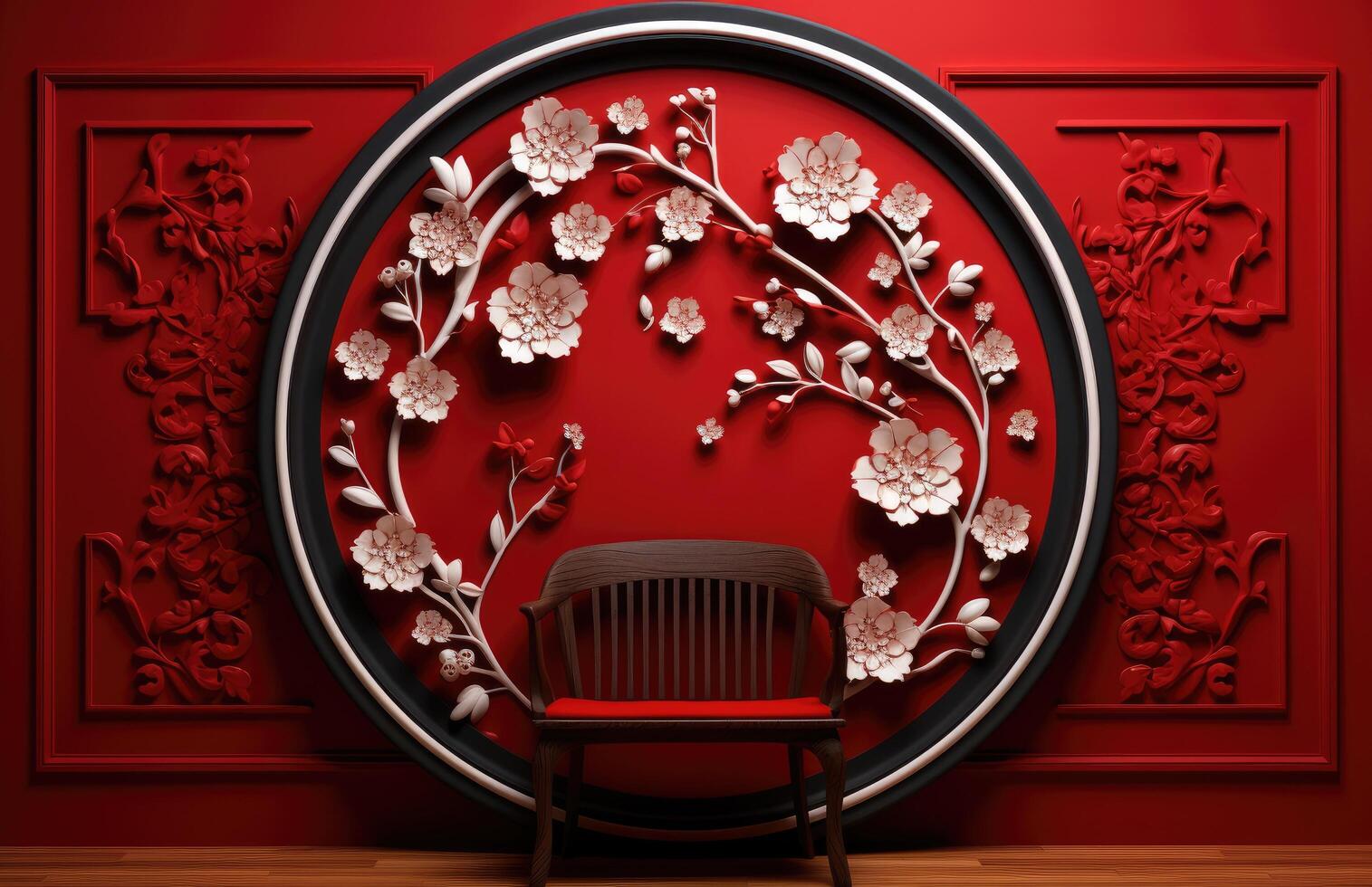 ai generiert ein rot Mauer zentriert mit ein rot und Weiß Blume basierend Rahmen foto