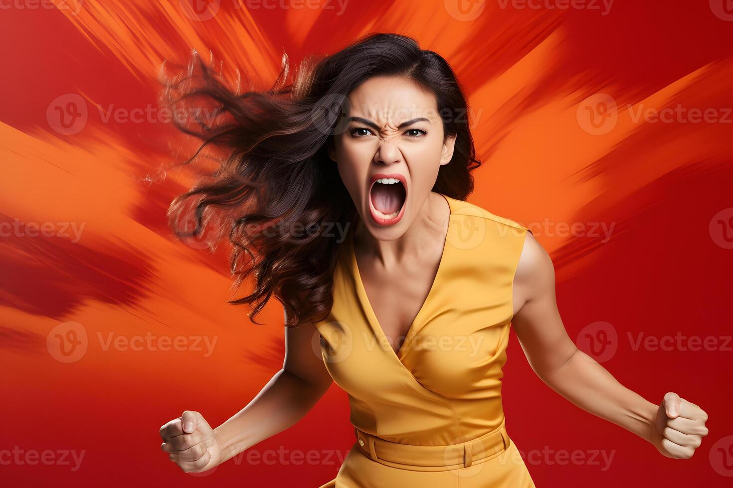 ai generiert wütend jung Erwachsene asiatisch Frau Geschrei auf Orange Hintergrund. neural Netzwerk generiert fotorealistisch Bild. foto