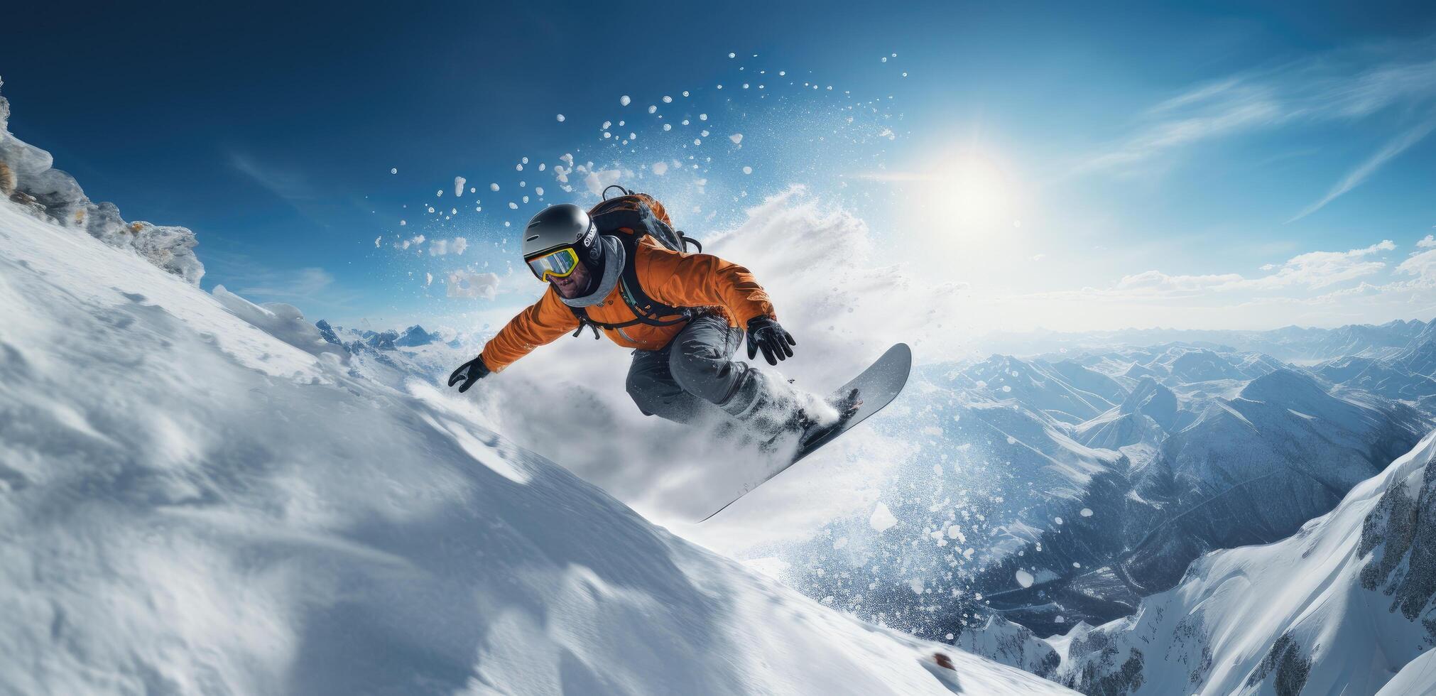 ai generiert ein Snowboarder fliegend durch ein schneebedeckt Senke im ein Orange Hut foto