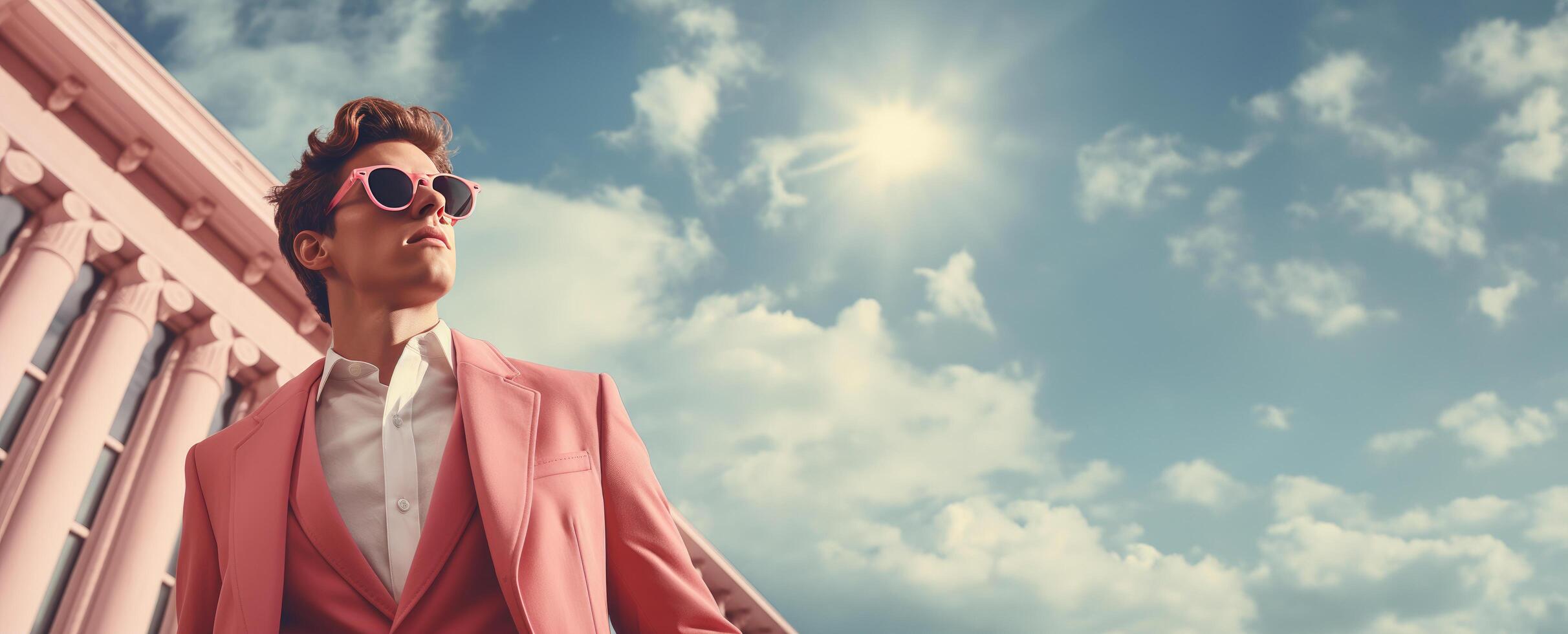 ai generiert ein Mann tragen übergroß Blazer und schwarz Sonnenbrille, während tragen ein Rosa Jacke und Jeans foto