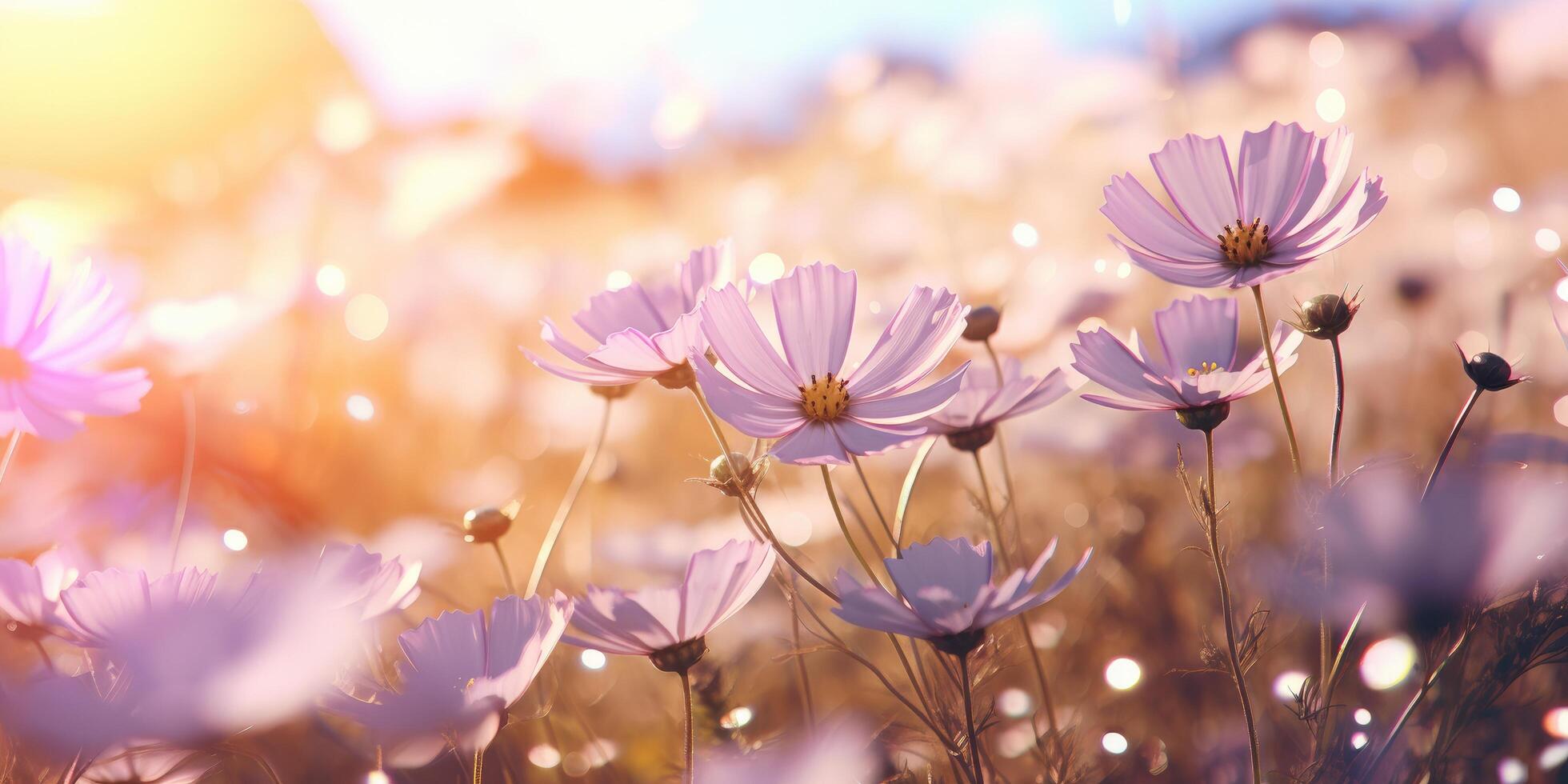 ai generiert ein Feld von Gelb und Weiß Blumen mit Sonne Strahlen im Hintergrund foto