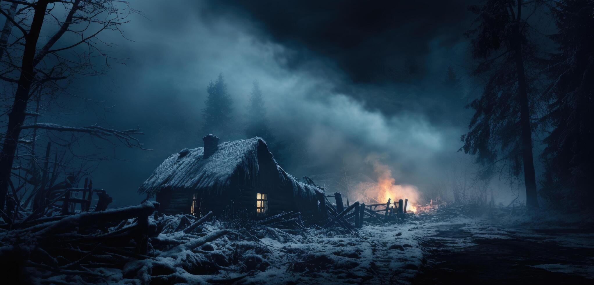 ai generiert ein dunkel Hütte mit Schnee weht um es im das Wald foto