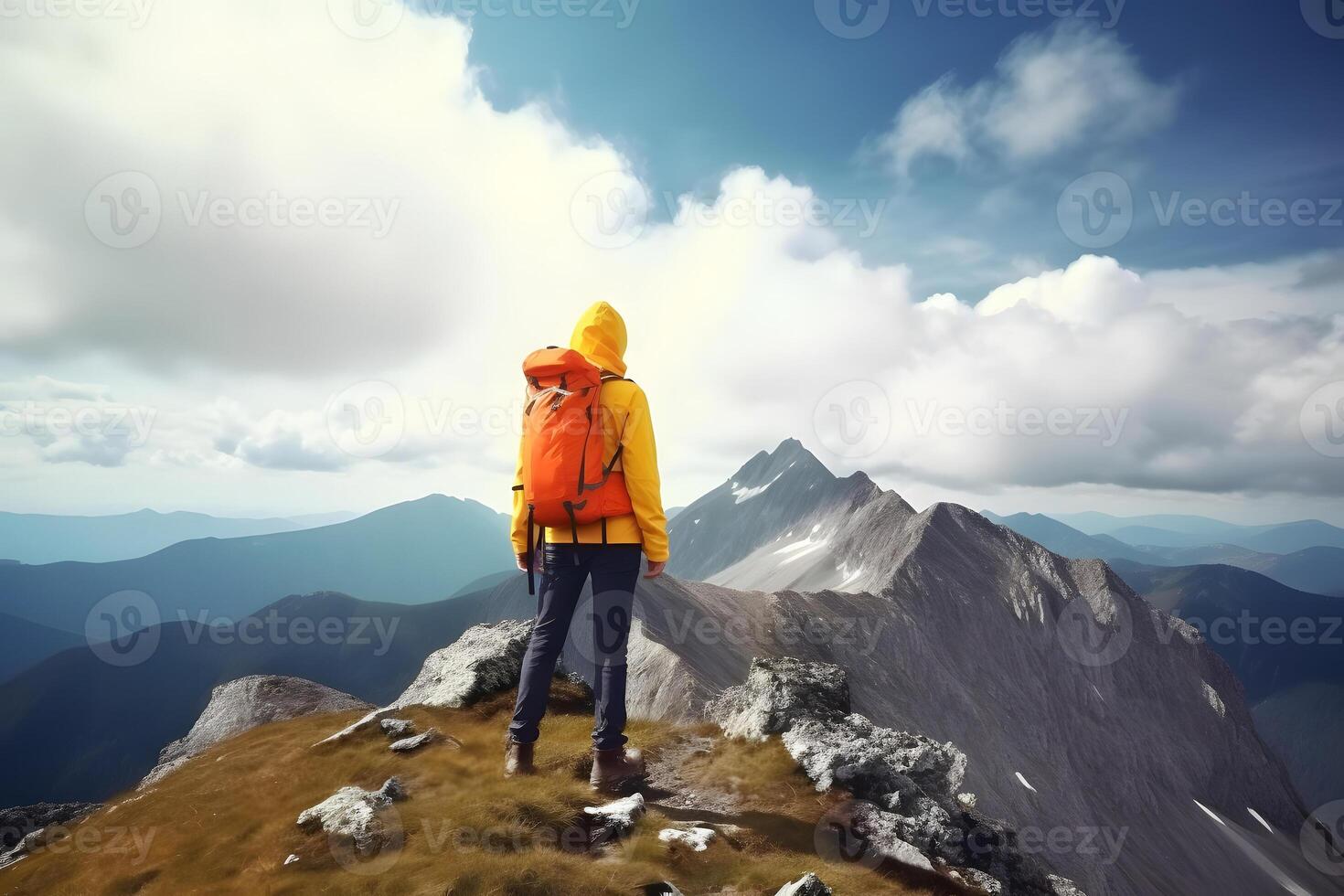 ai generiert Tourist auf Berg Gipfel beim sonnig Sommer- Tag. aktiv Leben und Freizeit Konzept. neural Netzwerk generiert fotorealistisch Bild foto